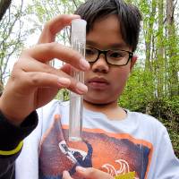 Student observes stream water in a test tube